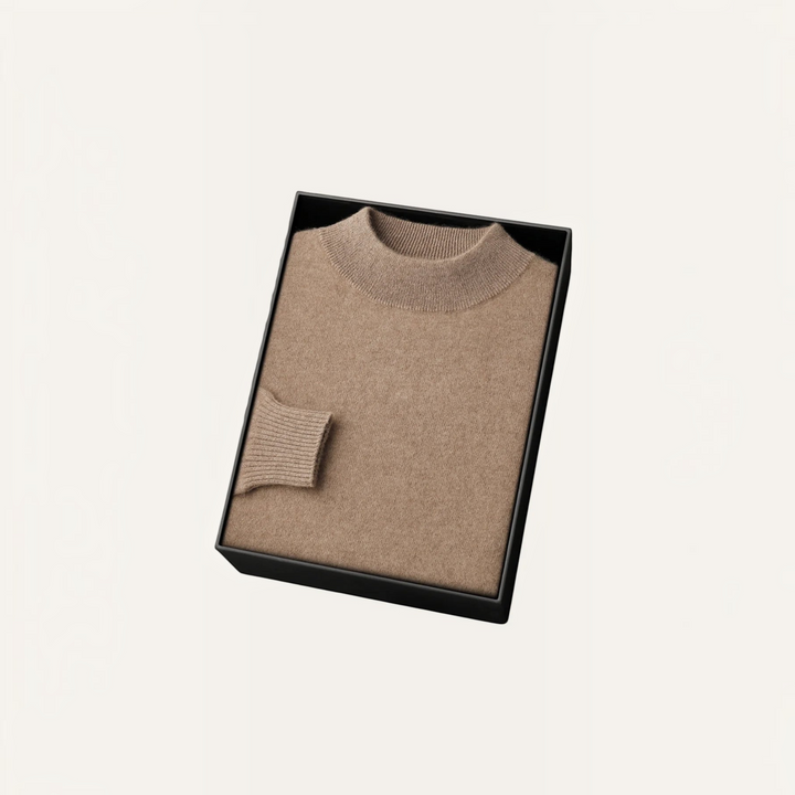 Luna Moda beige cashmere and wool blend sweater with ribbed mock neck and cuffs, presented in a black gift box.