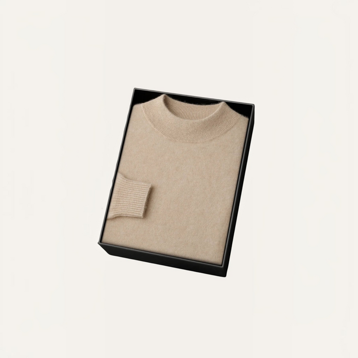 Luna Moda beige cashmere and wool blend sweater with ribbed collar and cuffs, neatly folded in a black gift box.