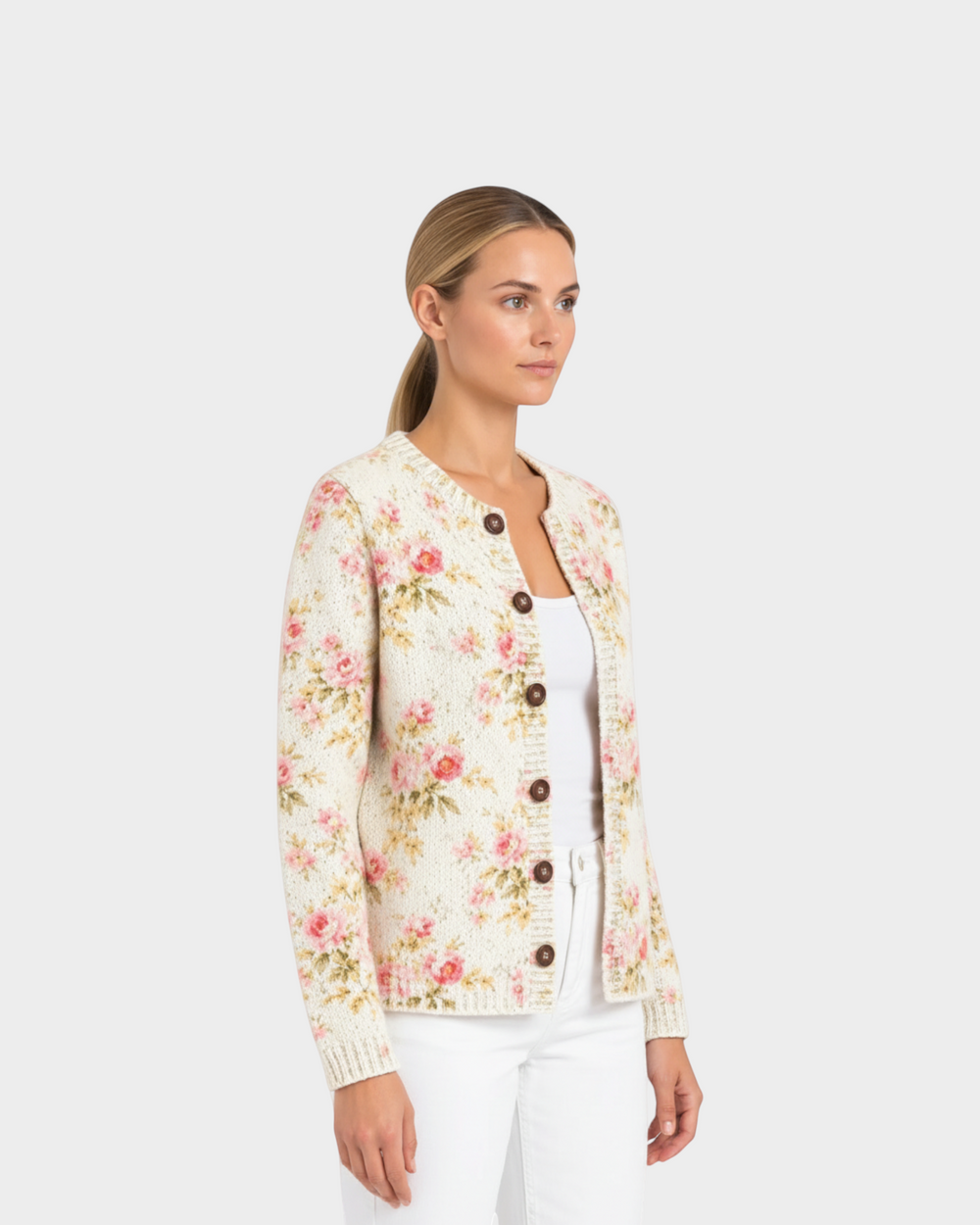 Fabiola – Cardigan con stampa rose in crema | Luna Moda