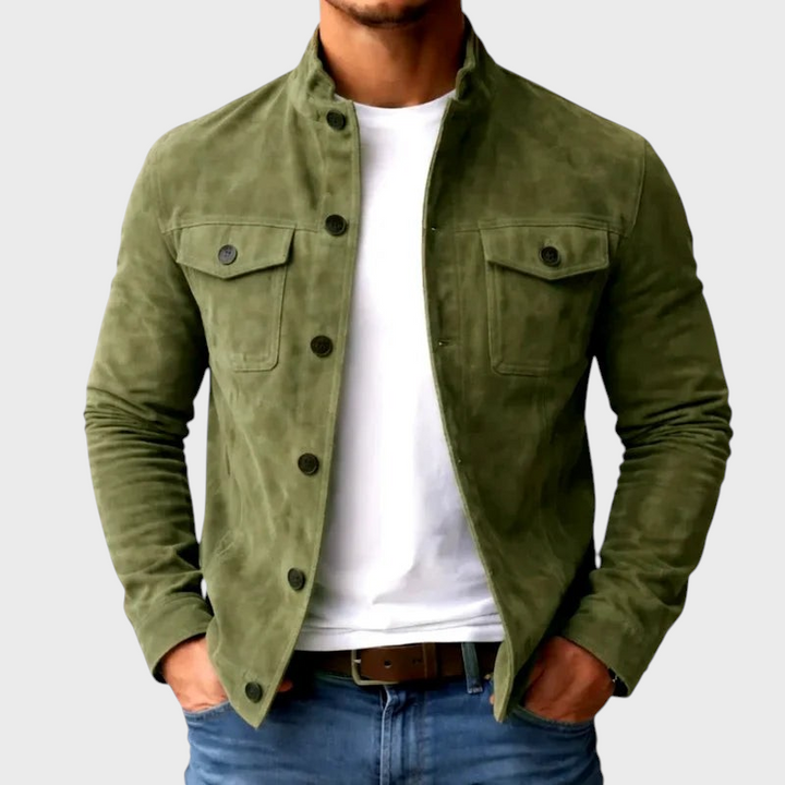 Mattia – Giacca camicia in suede in verde oliva | Luna Moda