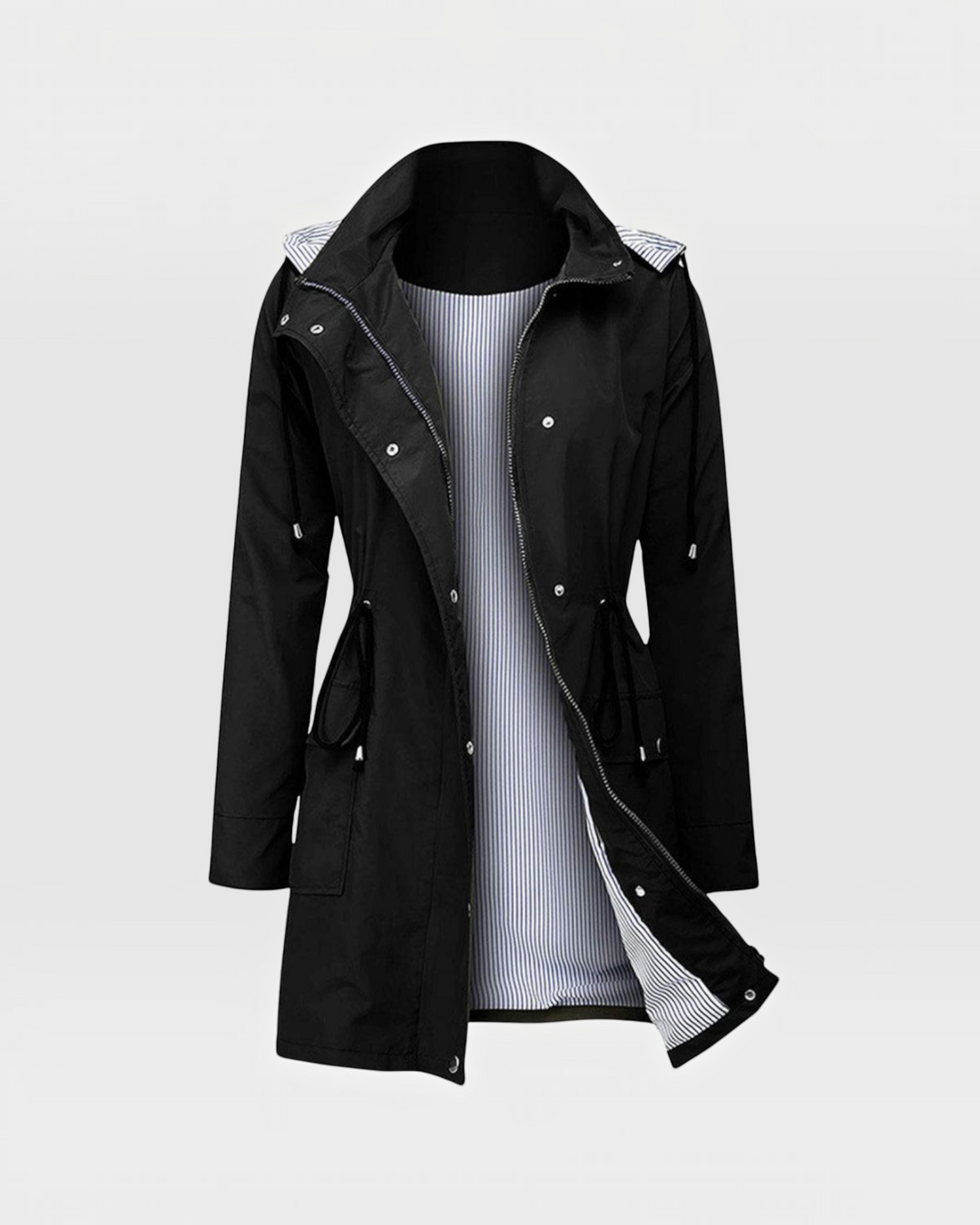 Luna Moda Olimpia lightweight black jacket with hood, adjustable waist, and striped interior lining