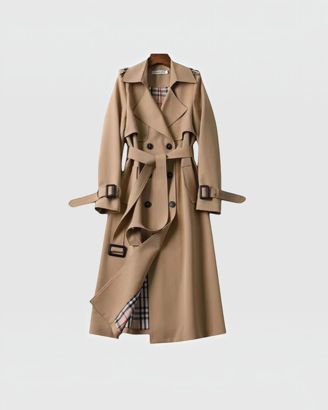 Luna Moda beige double-breasted trench coat with a waist belt and classic plaid lining on a hanger