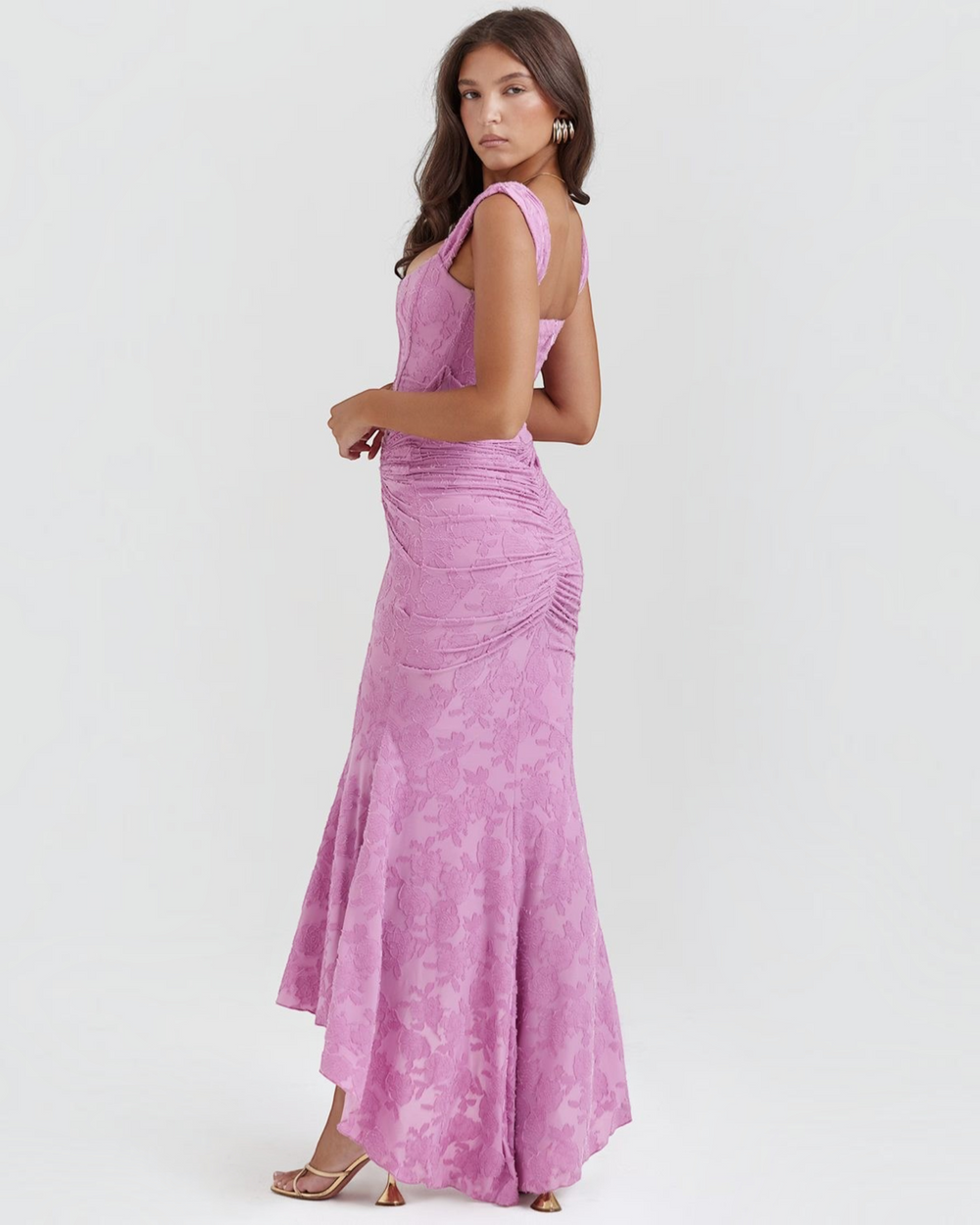 Luna Moda Katerina floral jacquard midi dress in pink with a corset-style bodice and ruched waist detail.