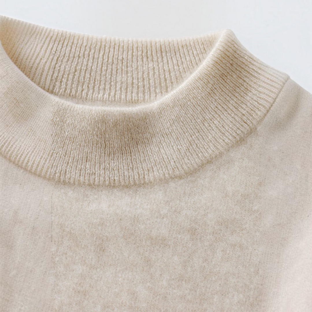 Luna Moda beige cashmere and wool blend sweater featuring a soft ribbed collar and minimalist design