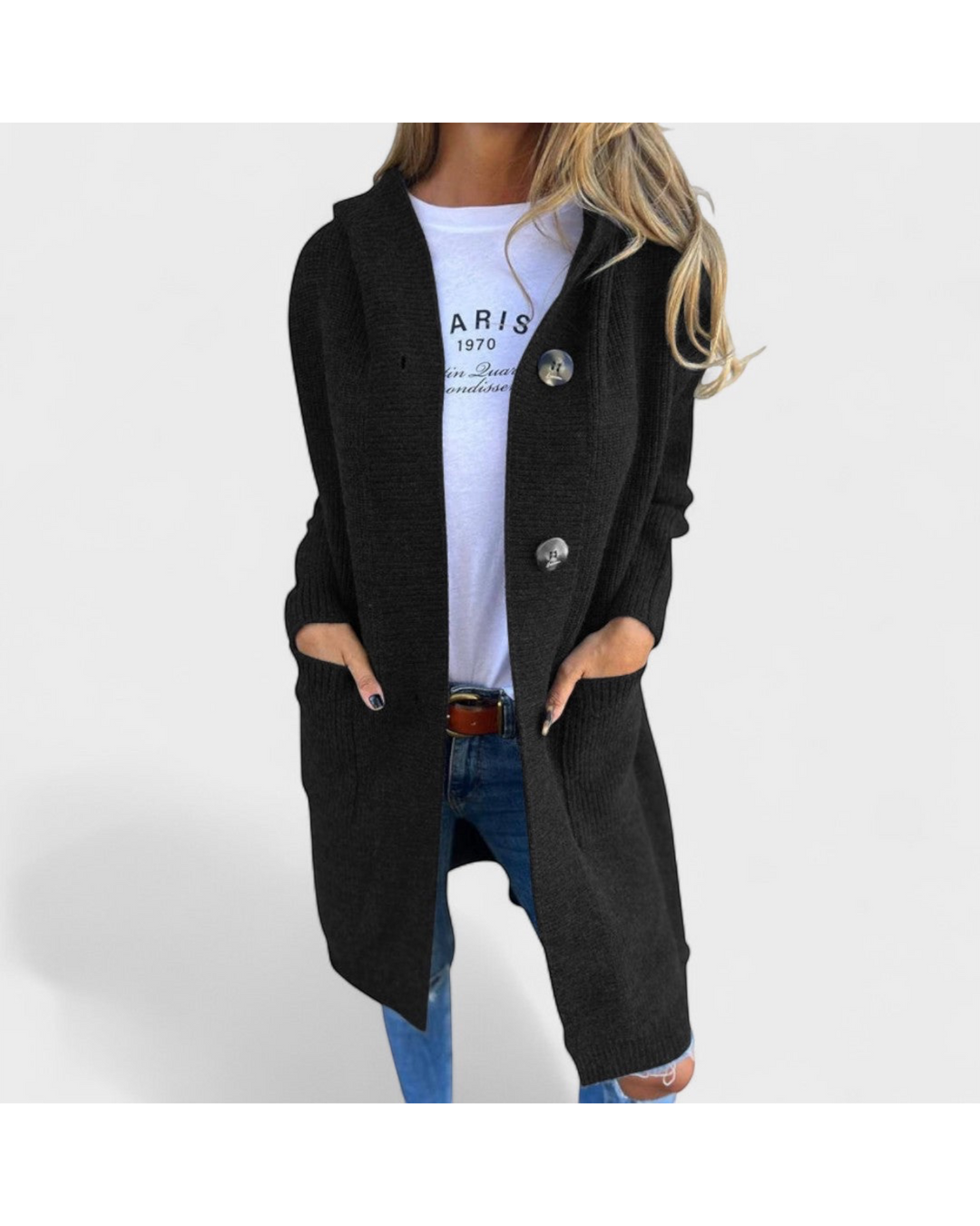 Luna Moda Beatriz black long hooded knit cardigan with two buttons and front pockets worn over a white t-shirt