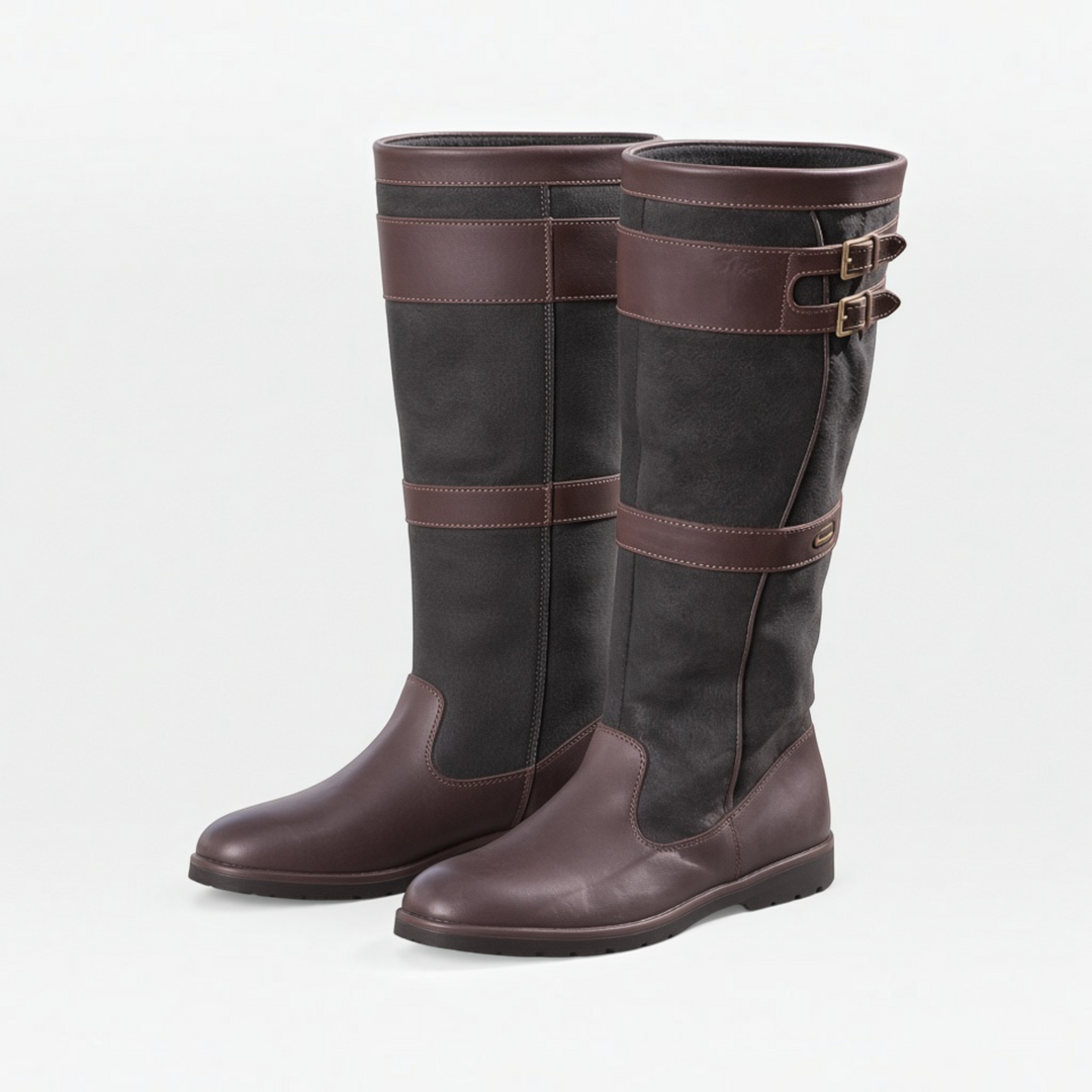 Luna Moda Paola knee-high boots in brown and grey leather with double buckle straps and a flat lug sole