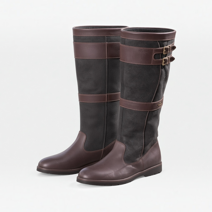 Luna Moda Paola knee-high boots in brown and grey leather with double buckle straps and a flat lug sole