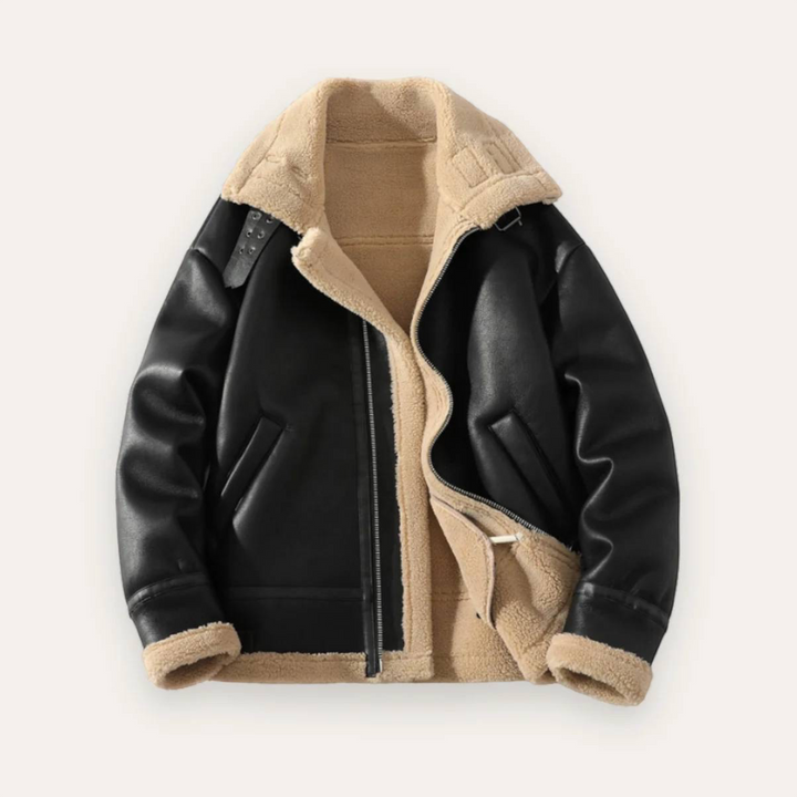 Luna Moda GABRIELE black aviator jacket with beige faux shearling lining and collar for a timeless look.