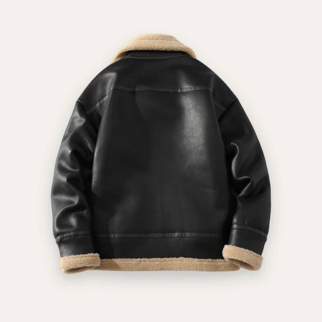 Luna Moda Gabriele black aviator jacket with beige faux fur collar and cuffs, back view of premium leather-look coat