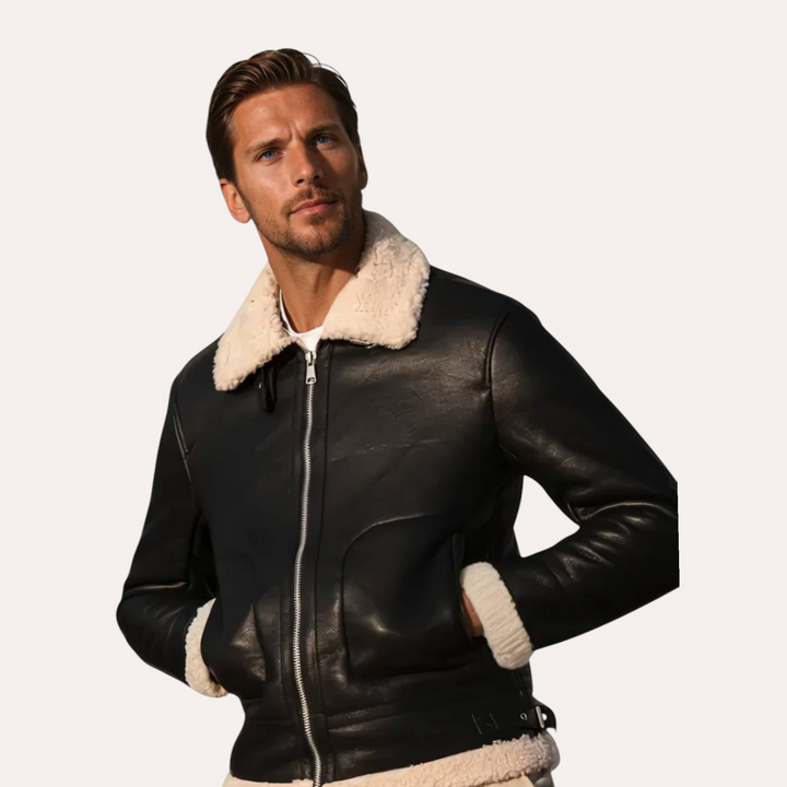 Luna Moda Gabriele black leather aviator jacket with white shearling collar and cuffs worn by a man