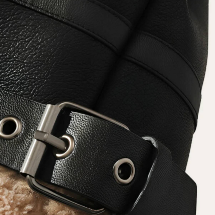 Luna Moda GABRIELE black leather aviator jacket detail featuring a metal buckle strap and soft faux fur lining.