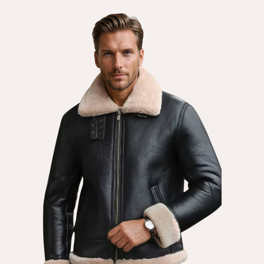 Luna Moda Gabriele black aviator jacket with cream faux fur collar and cuffs worn by a man