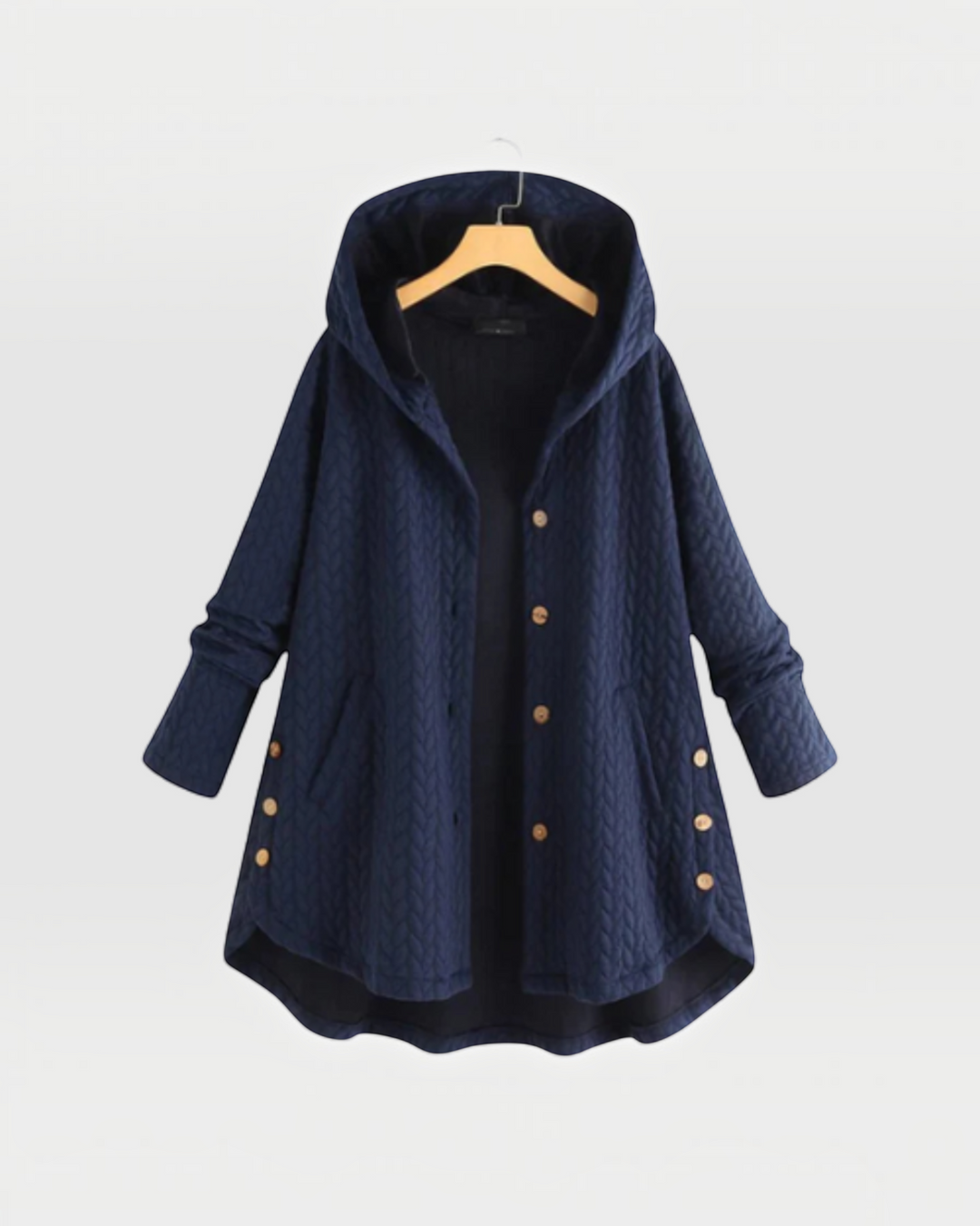 Luna Moda navy blue quilted hooded jacket with decorative side buttons and a loose, comfortable fit.