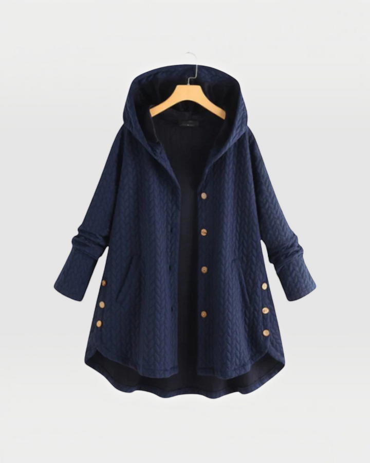 Luna Moda navy blue quilted hooded jacket with decorative side buttons and a loose, comfortable fit.