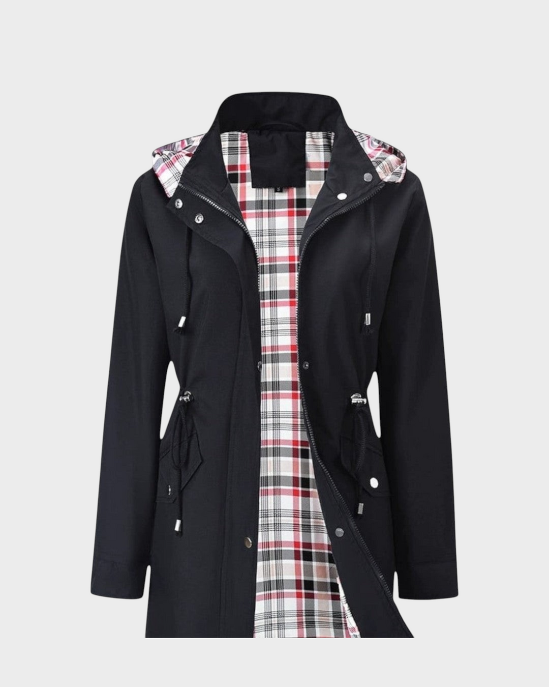 Luna Moda black waterproof jacket with hood, adjustable waist, and red plaid lining for women