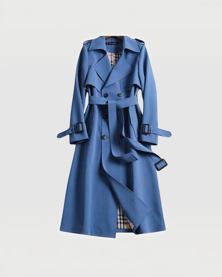 Luna Moda blue double-breasted trench coat with a waist belt and classic lapels, featuring a plaid interior lining.