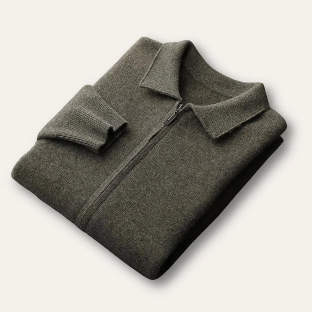 Luna Moda RICCARDO olive green wool and nylon blend polo collar cardigan with a front zipper, folded neatly.