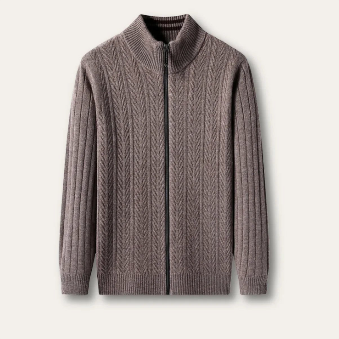 Luna Moda Regalia brown 100% wool sweater featuring a full-length zip closure and a textured ribbed knit pattern.