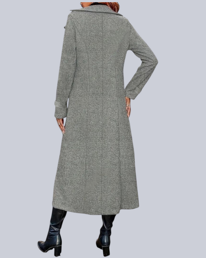 Luna Moda Rita long grey double-breasted coat worn by a woman, back view showing structured tailored fit.