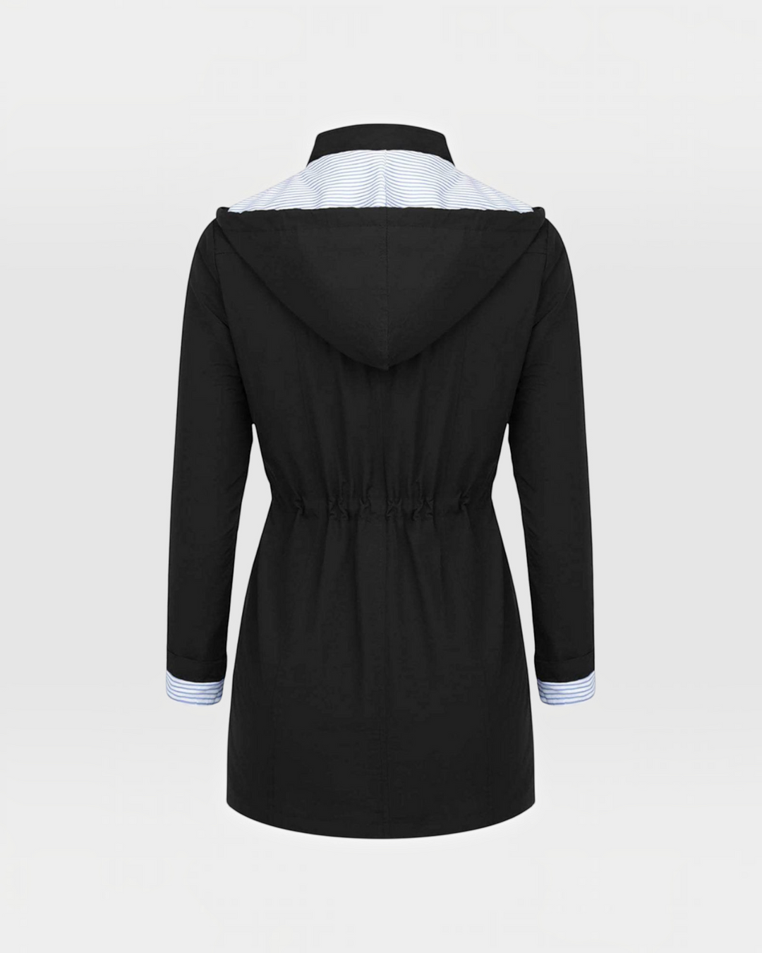 Luna Moda black lightweight jacket with hood, adjustable waist, and striped lining, back view.