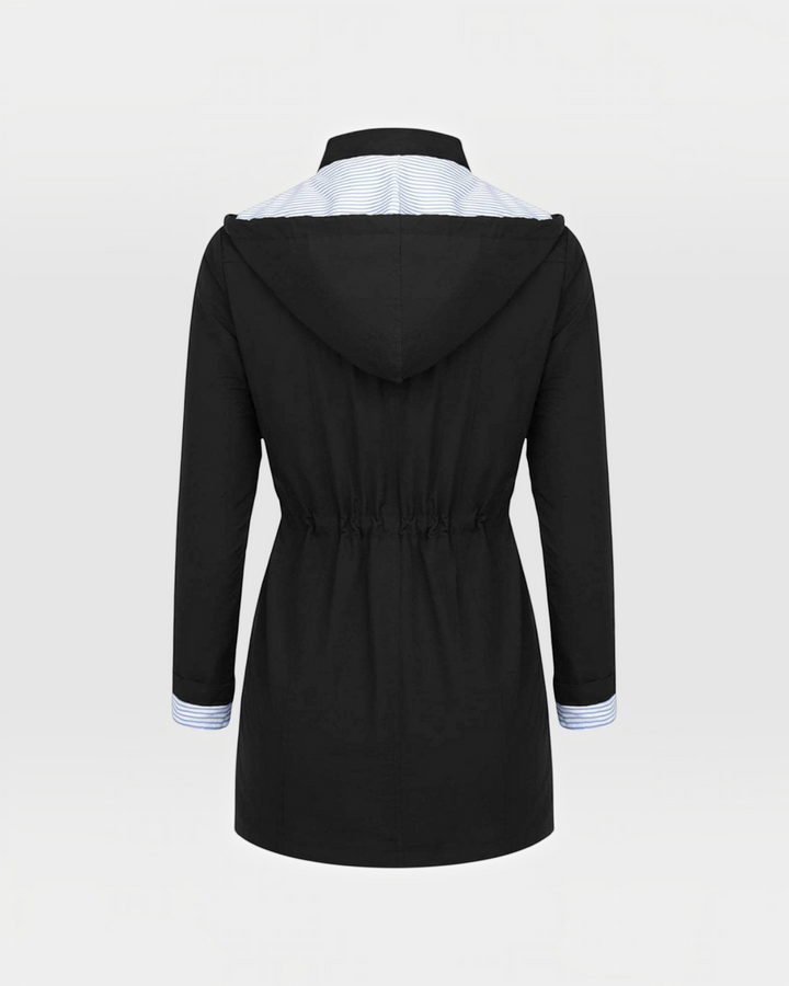 Luna Moda black lightweight jacket with hood, adjustable waist, and striped lining, back view.