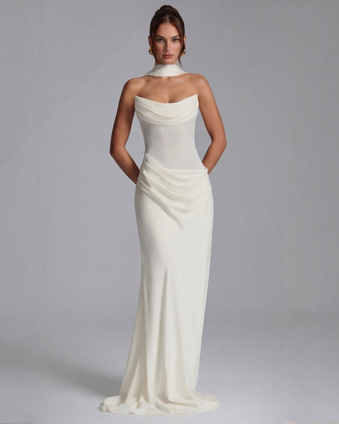 Luna Moda white maxi dress with sculpted draped bodice and smoothing silhouette for an elegant evening look