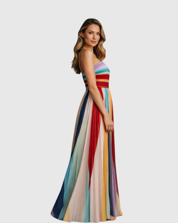Luna Moda Giulia casual long dress with a vibrant multi-colored pleated design and spaghetti straps on a model