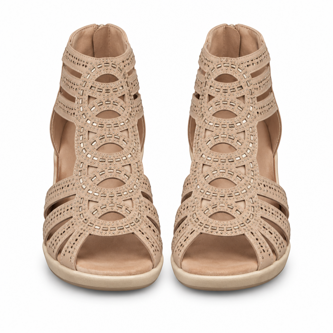 Luna Moda Mariana beige orthopedic sandals with laser-cut circular patterns and decorative studs