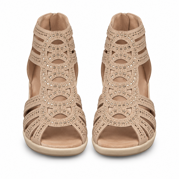 Luna Moda Mariana beige orthopedic sandals with laser-cut circular patterns and decorative studs