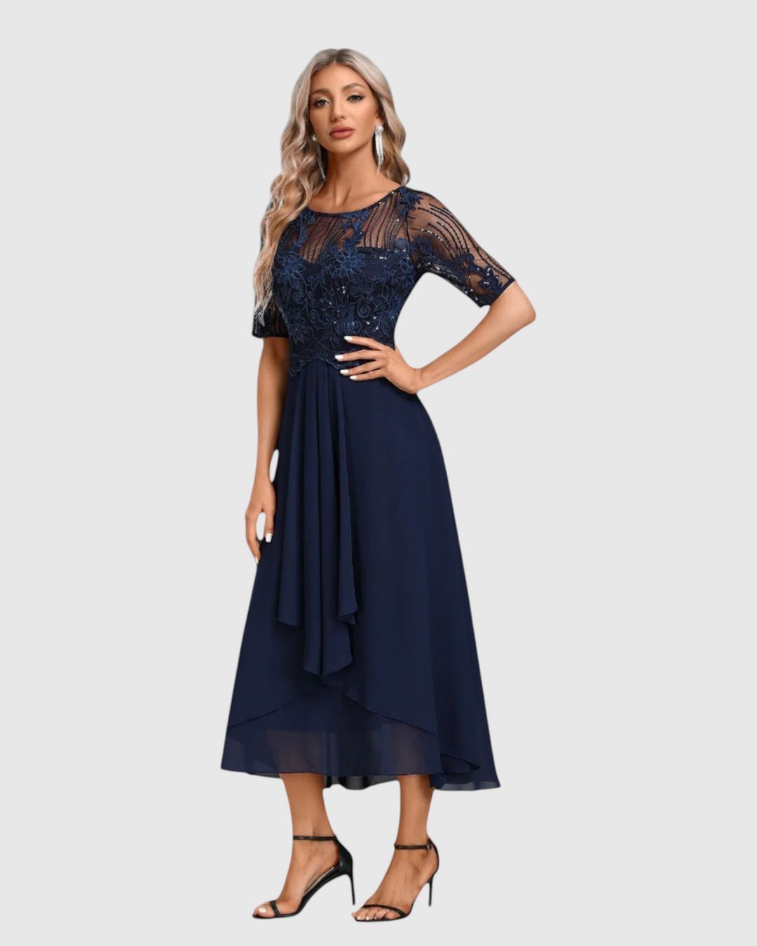 Luna Moda navy blue midi dress with short sleeves, intricate lace bodice, and flowing skirt for formal events.