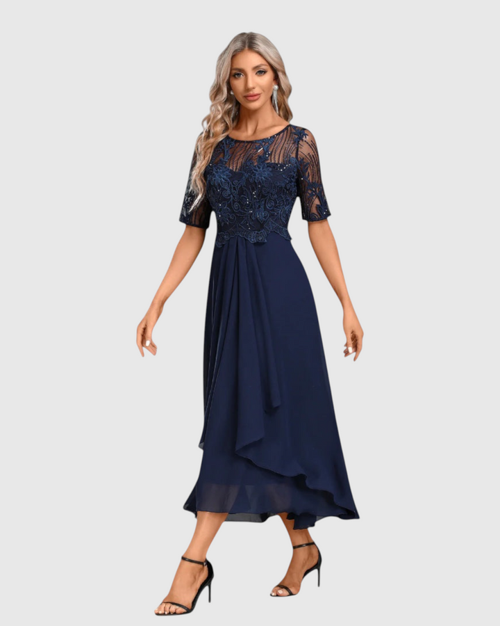 Luna Moda navy blue midi dress with short sleeves, intricate lace bodice, and flowing skirt for formal events.