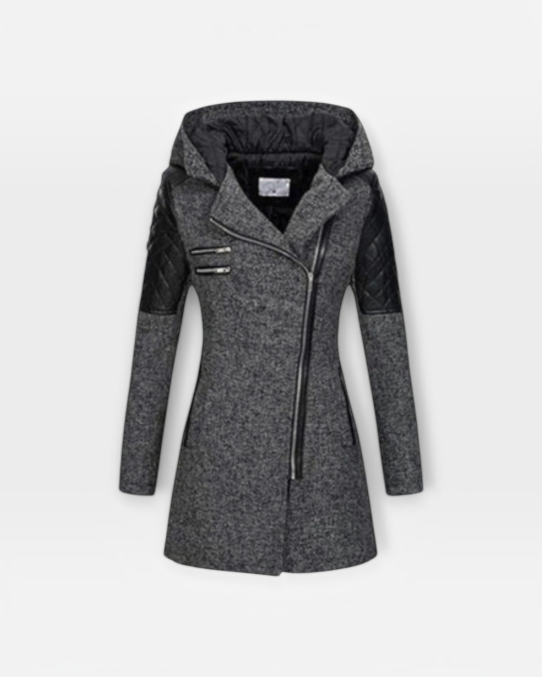 Luna Moda Sibilla grey winter jacket with asymmetric zip, hooded design, and black quilted leather-look sleeve panels.