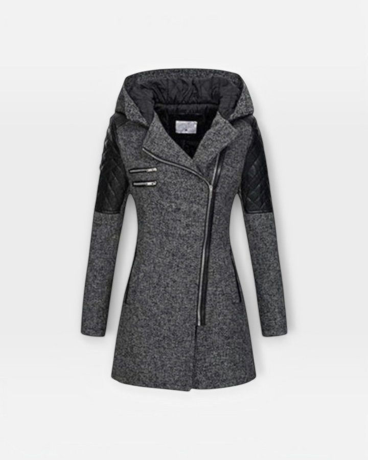 Luna Moda Sibilla grey winter jacket with asymmetric zip, hooded design, and black quilted leather-look sleeve panels.
