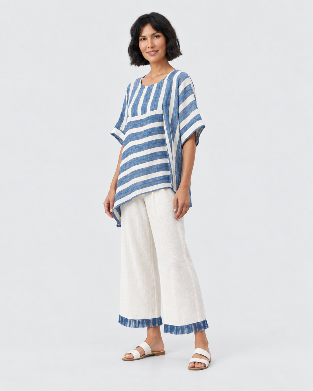 CONCETTA – Coordinato in lino oversize a righe blu
