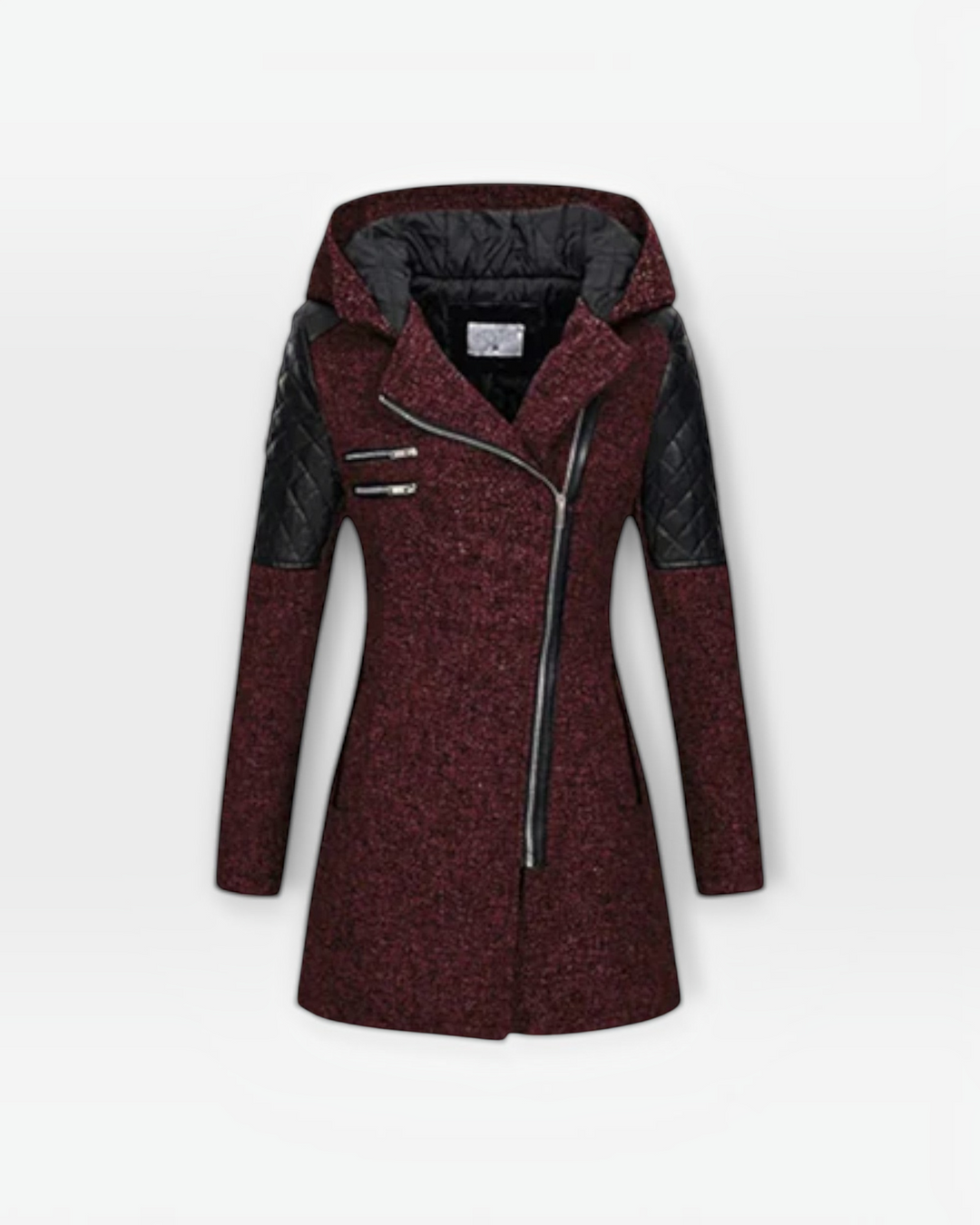 Luna Moda Sibilla winter jacket in burgundy with black quilted leather sleeves, hood, and asymmetric zip closure.