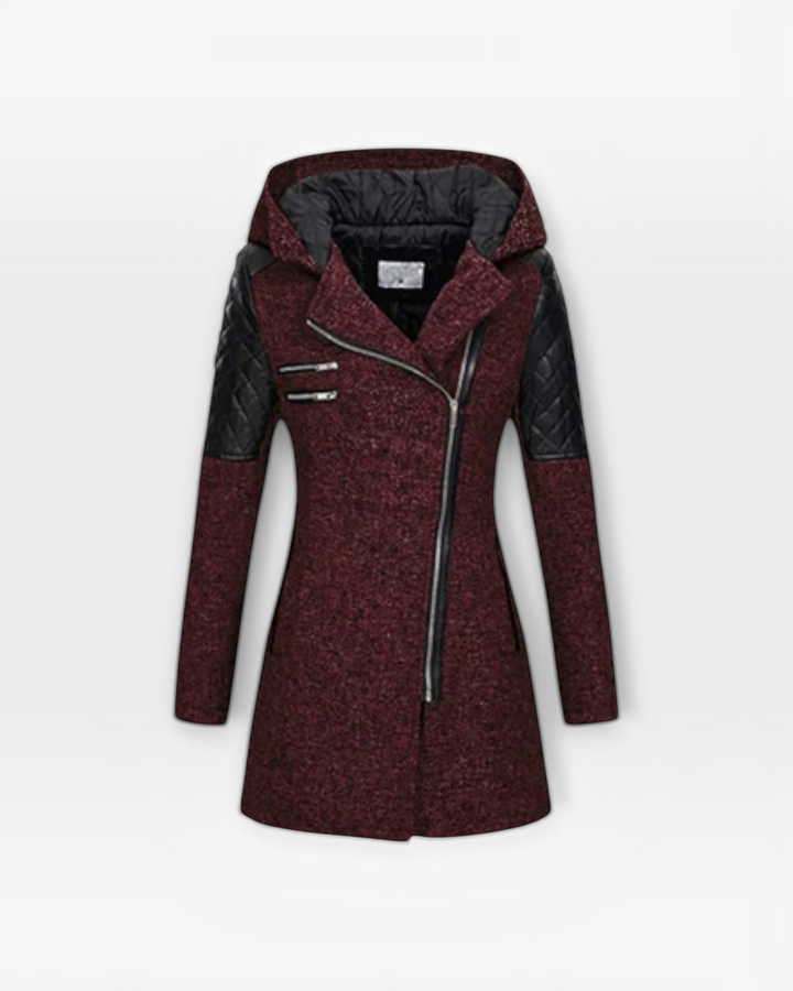 Luna Moda Sibilla winter jacket in burgundy with black quilted leather sleeves, hood, and asymmetric zip closure.