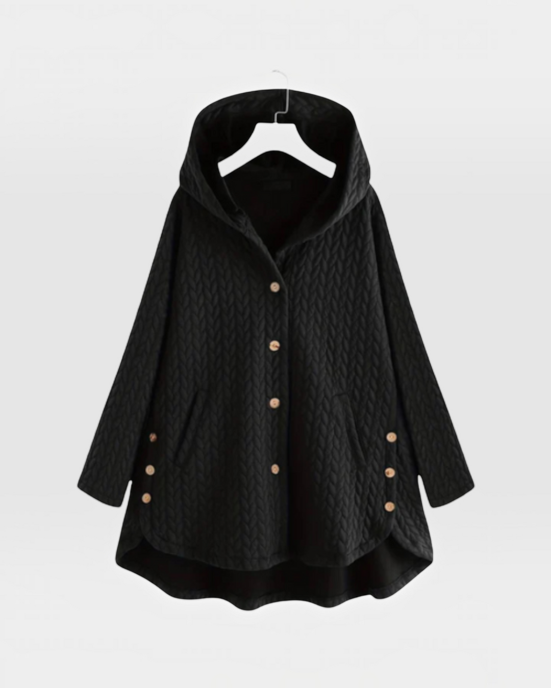 Luna Moda black quilted hooded jacket with decorative buttons and a loose, comfortable fit for casual wear.