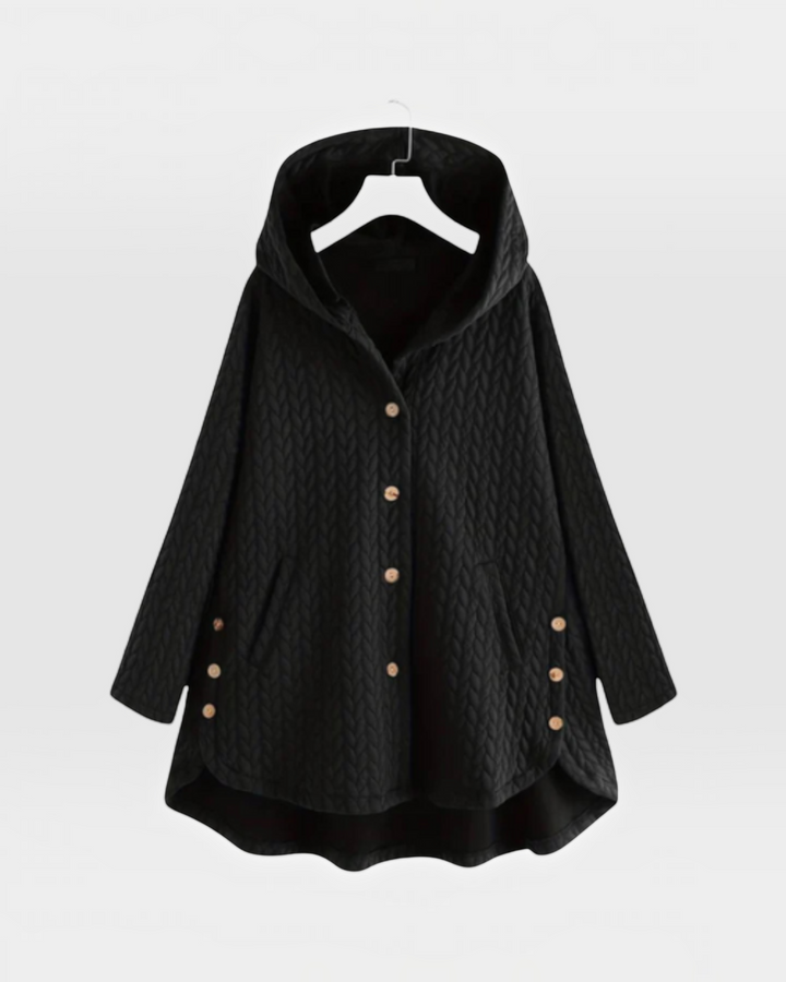 Luna Moda black quilted hooded jacket with decorative buttons and a loose, comfortable fit for casual wear.