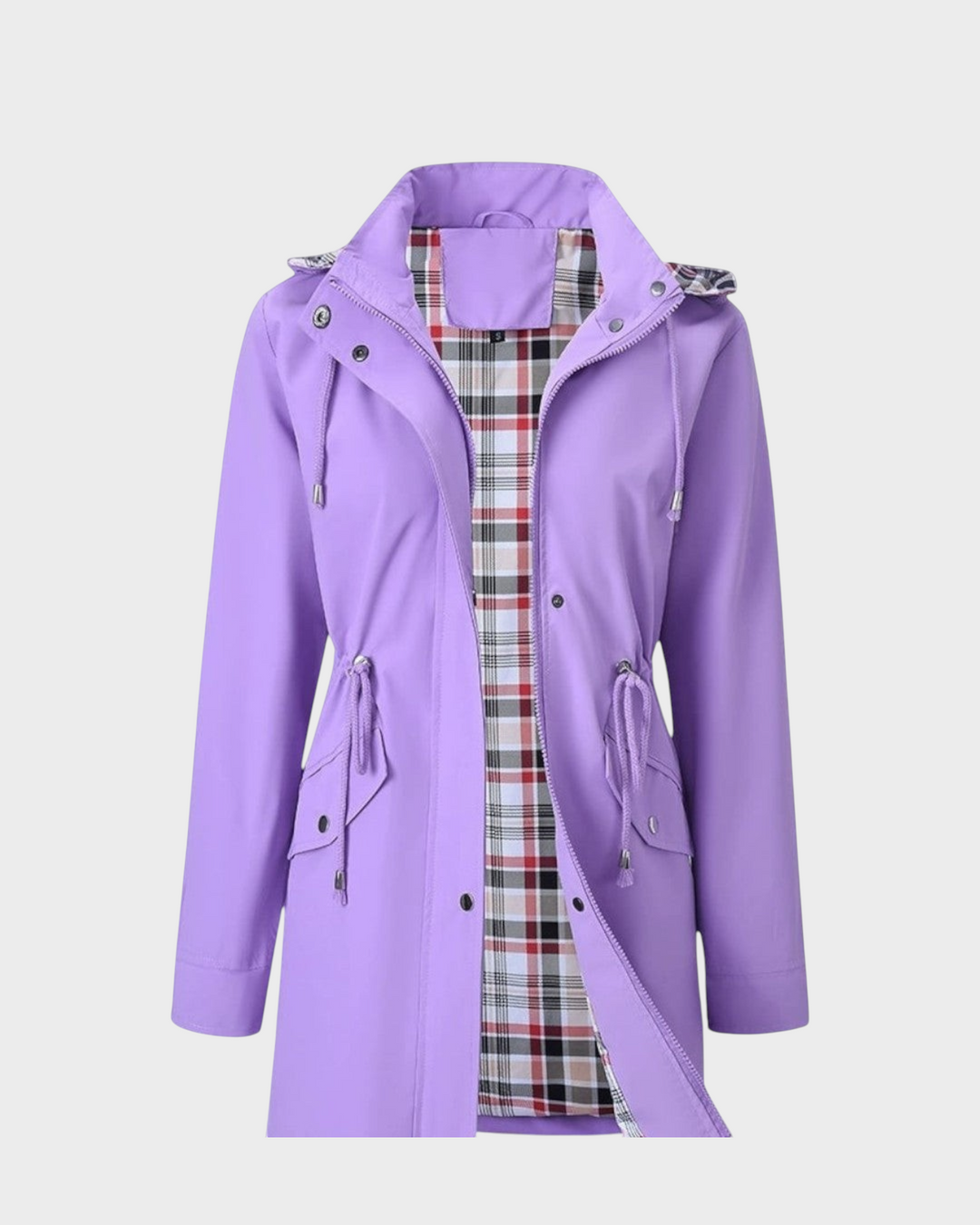 Luna Moda purple waterproof hooded jacket with adjustable waist and plaid lining for women