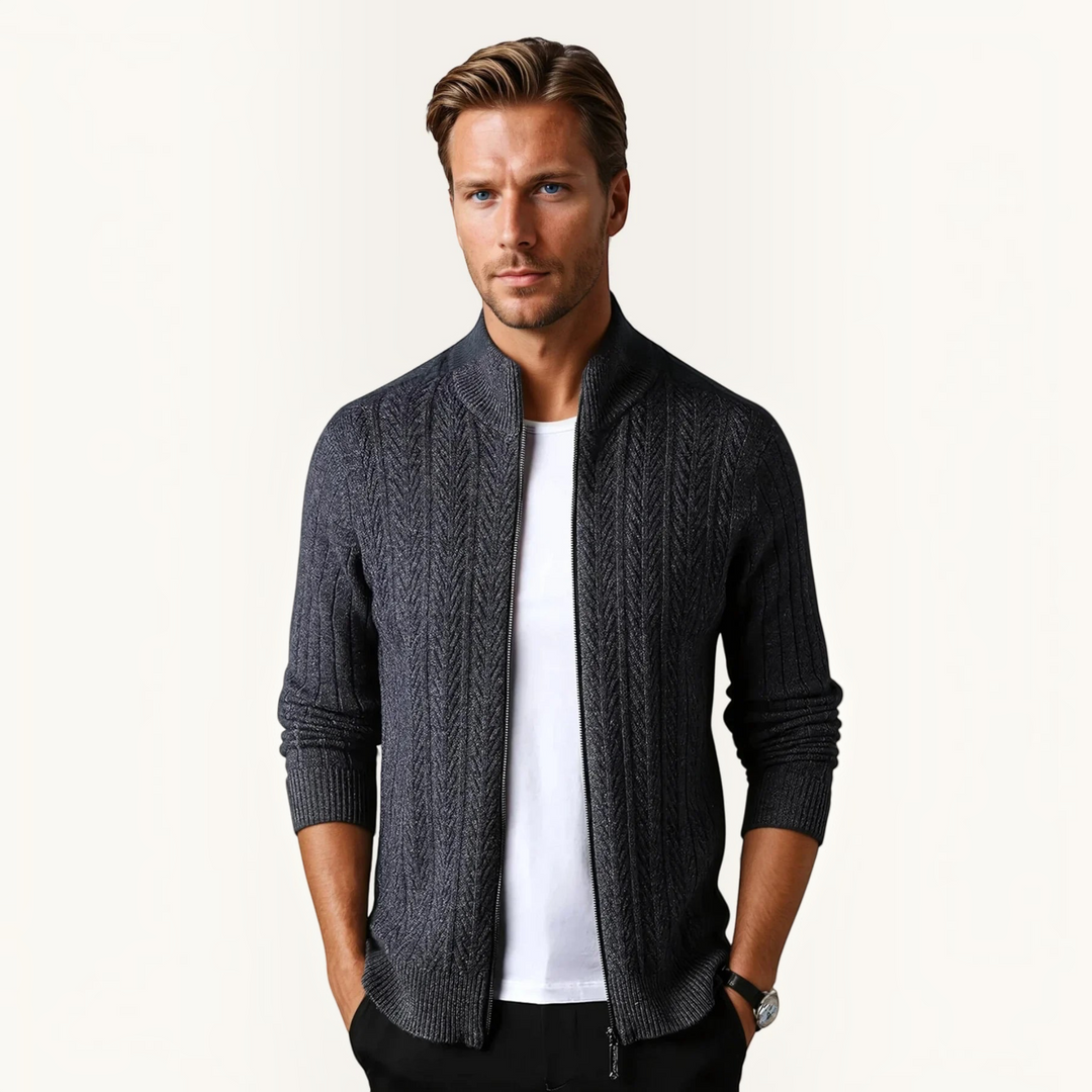 Luna Moda charcoal grey pure wool zip-up sweater with textured ribbing worn by a man over a white t-shirt