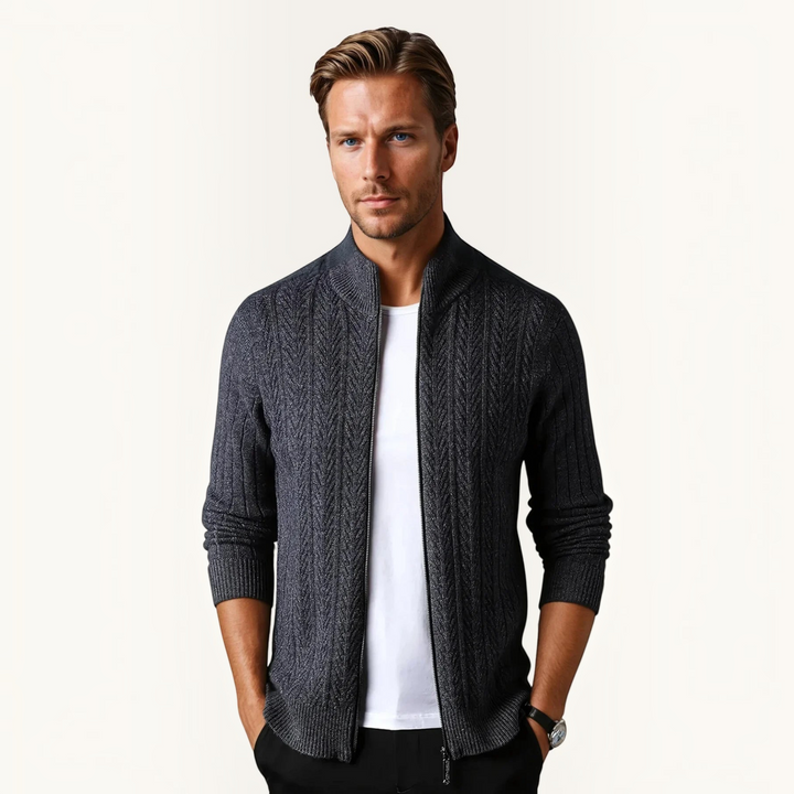 Luna Moda charcoal grey pure wool zip-up sweater with textured ribbing worn by a man over a white t-shirt