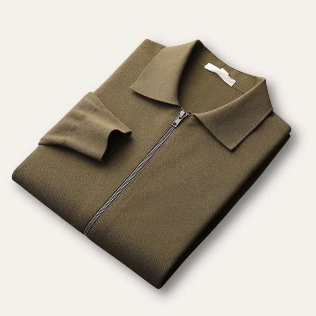 Luna Moda olive green zip-up cardigan with a polo collar, crafted from a warm wool and nylon blend.