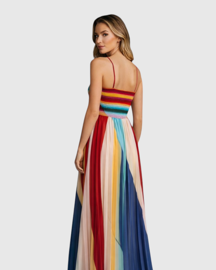 Luna Moda Giulia casual maxi dress with a colorful striped pleated skirt and spaghetti straps, back view.