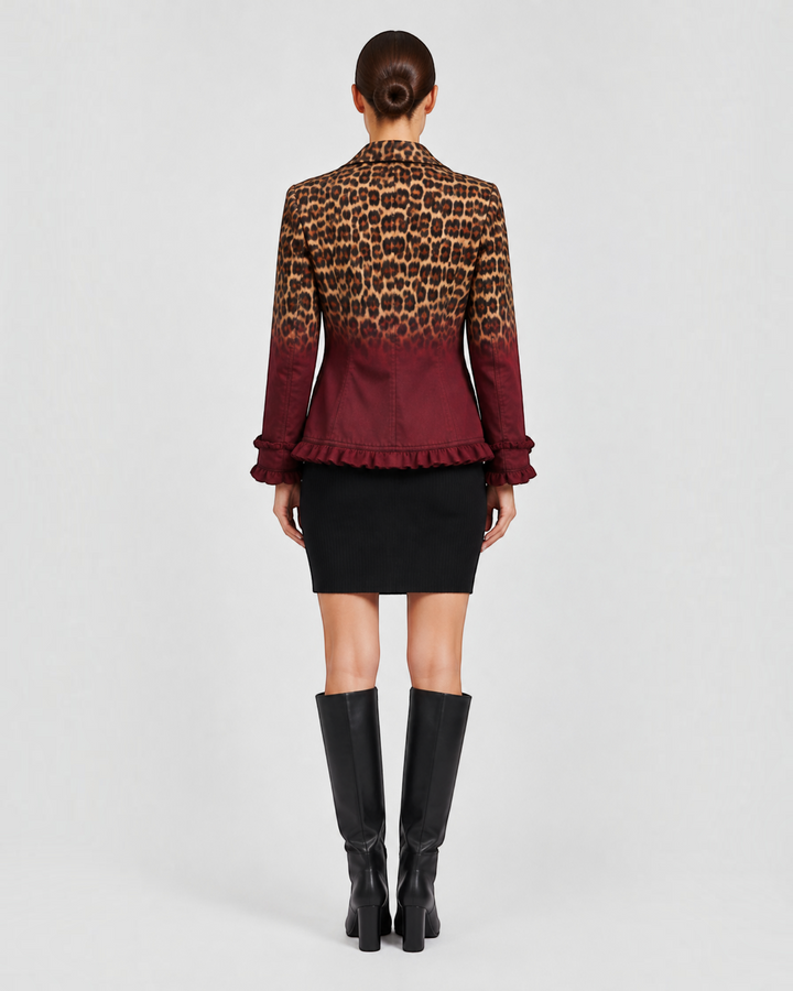 Luna Moda Emma blazer featuring a leopard print ombre design with ruffled hem and cuffs, back view on a model.