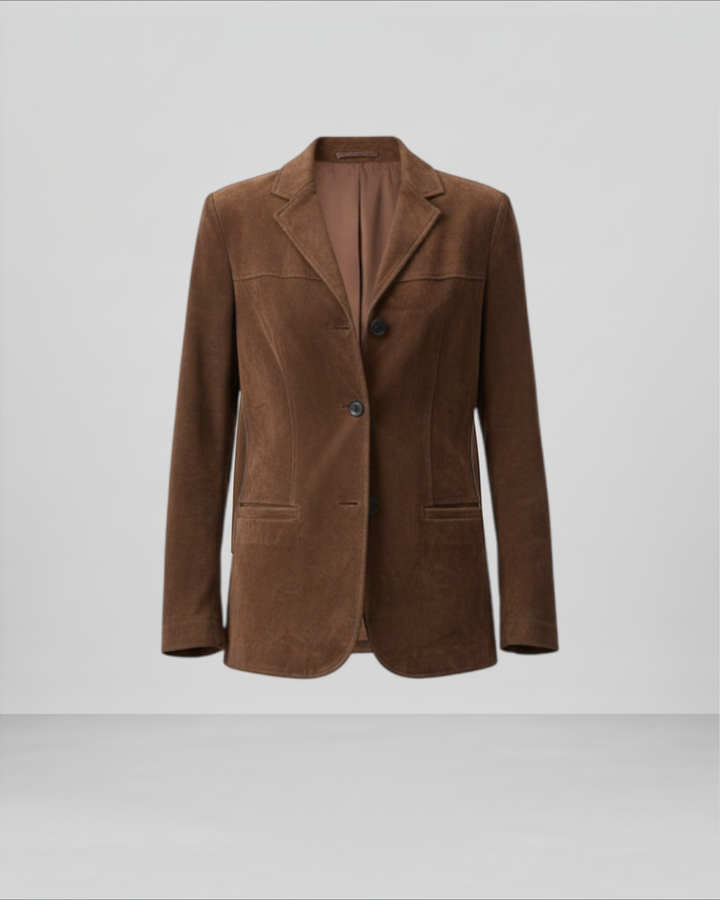 Luna Moda Marta brown suede blazer with a classic tailored cut, two-button closure, and notched lapels.