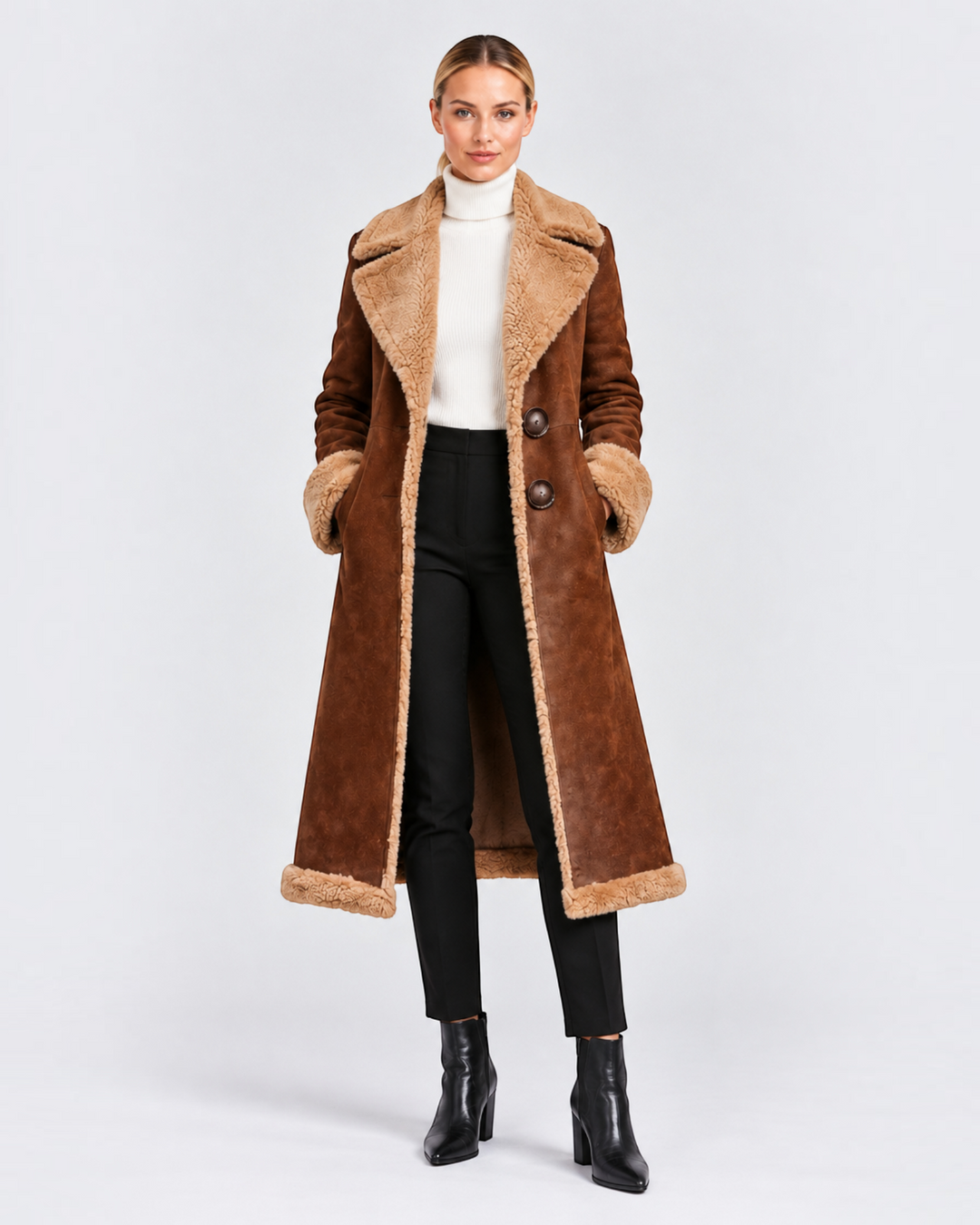 Luna Moda Isabella long brown suede coat with plush beige faux fur lining and trim worn by a model.
