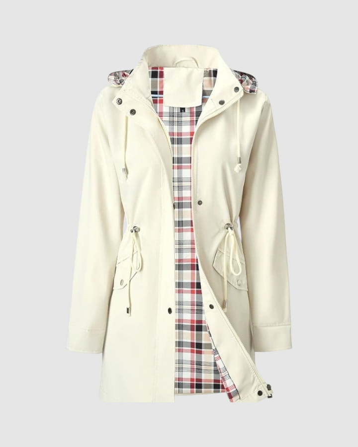 Luna Moda cream waterproof hooded jacket with adjustable waist and plaid lining for women