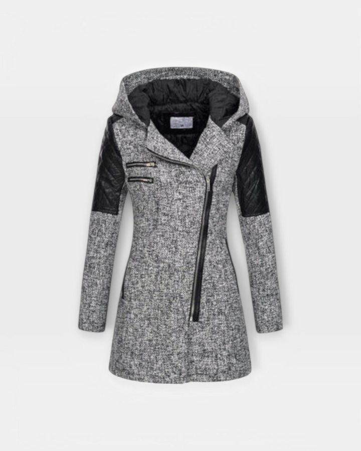 Luna Moda Sibilla winter jacket in grey tweed with black quilted leather sleeves and an asymmetrical zip closure.