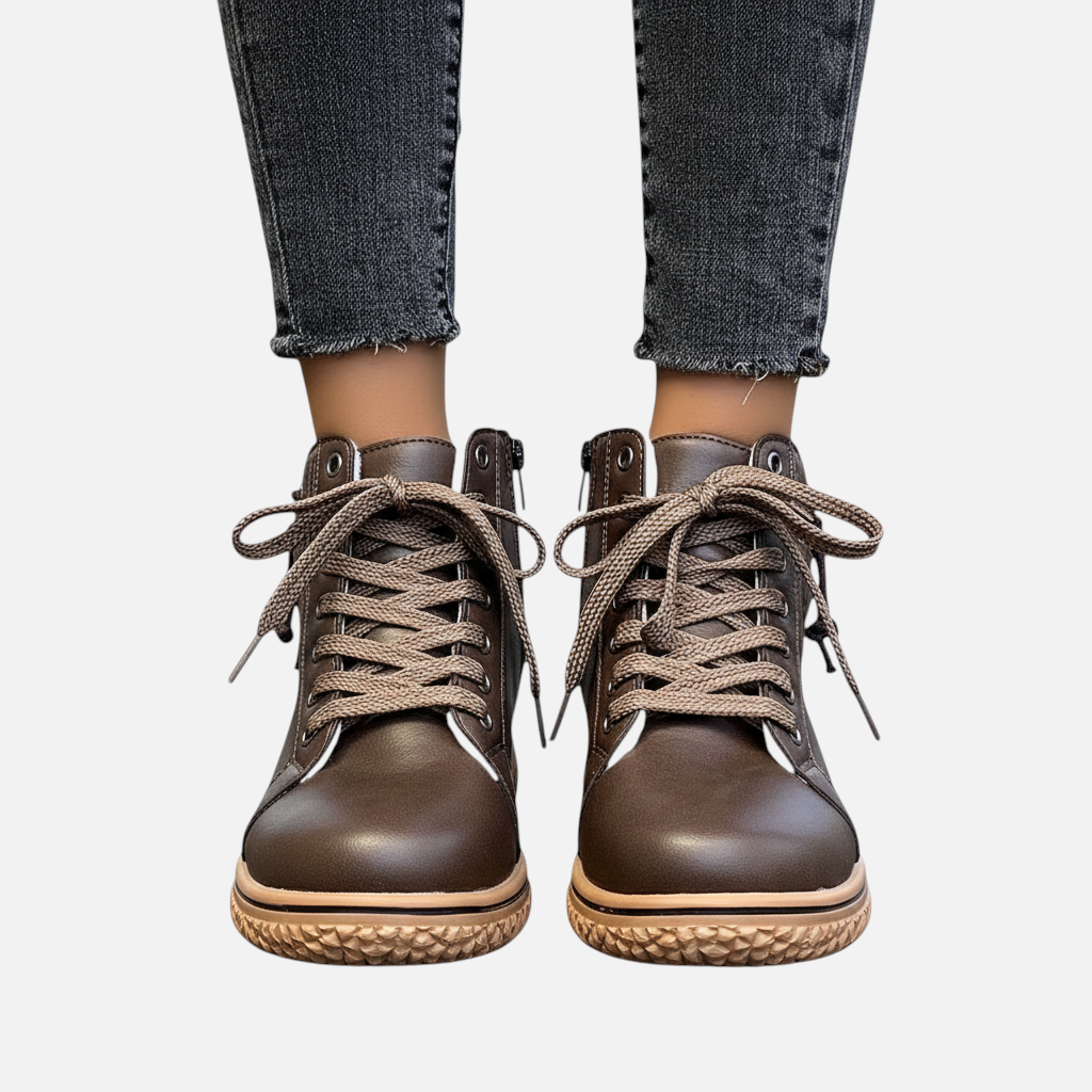 Luna Moda EDUARDA brown leather ankle boots with lace-up front and textured rubber soles worn with grey jeans