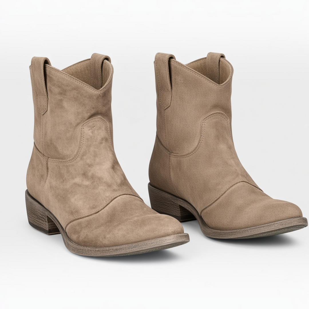 Luna Moda Rachele taupe suede western ankle boots with a comfortable block heel and classic cowboy stitching details.